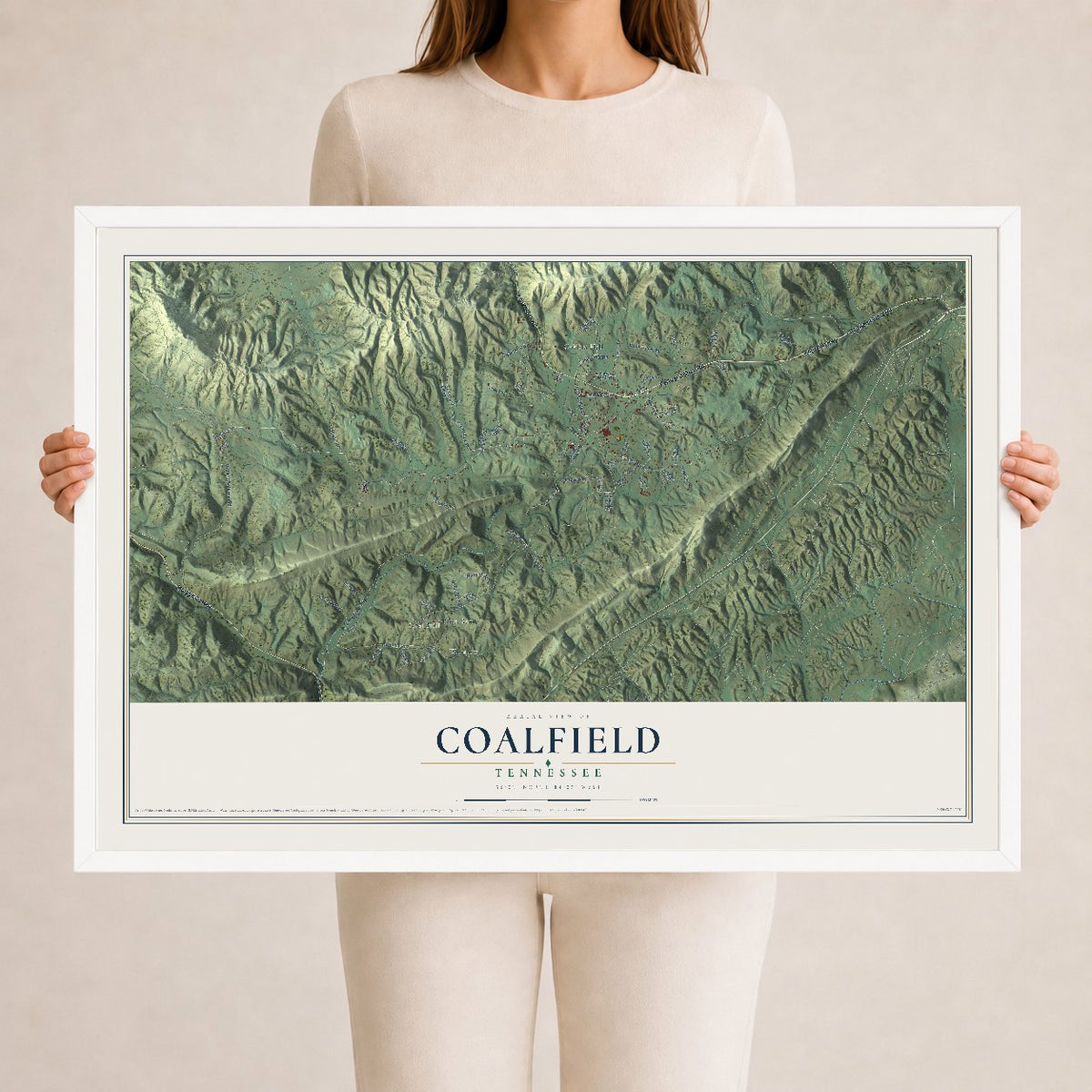 Map of Coalfield, Tennessee, 24 x 36 inch print in a white wood frame