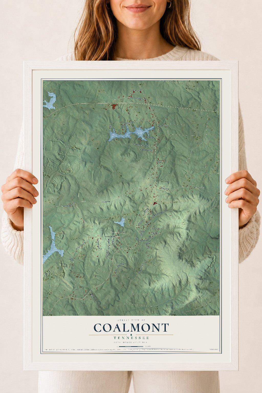 Map of Coalmont, Tennessee, 18 x 24 inch print in a white wood frame