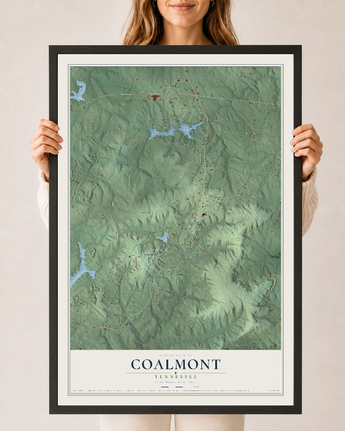 Map of Coalmont, Tennessee, 24 x 36 inch print in a black wood frame