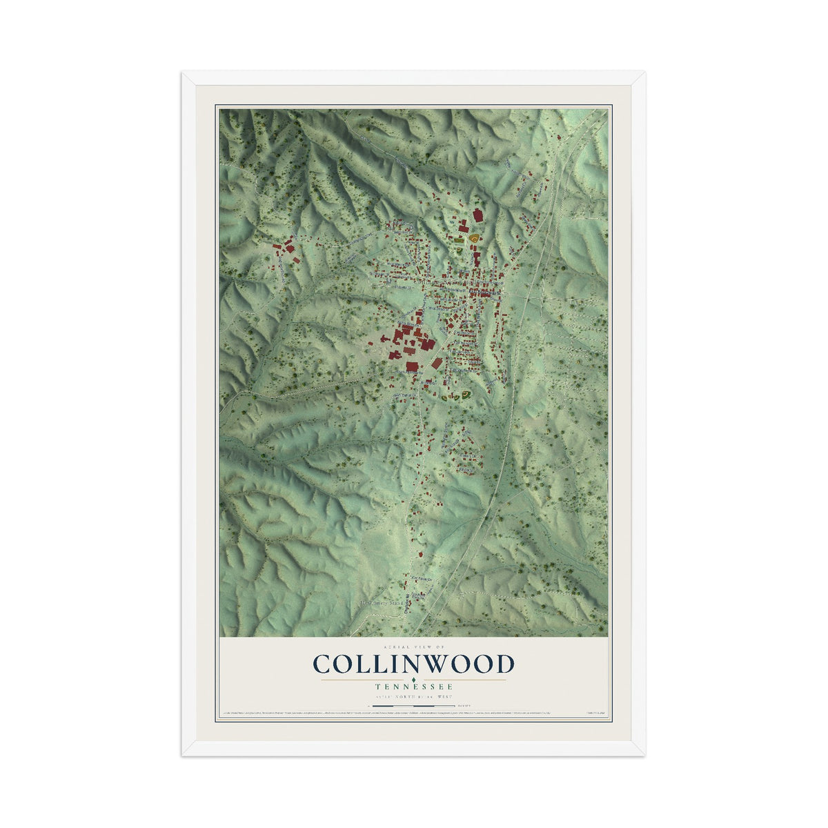 Map of Collinwood, Tennessee, 12 x 18 inch print in a white wood frame