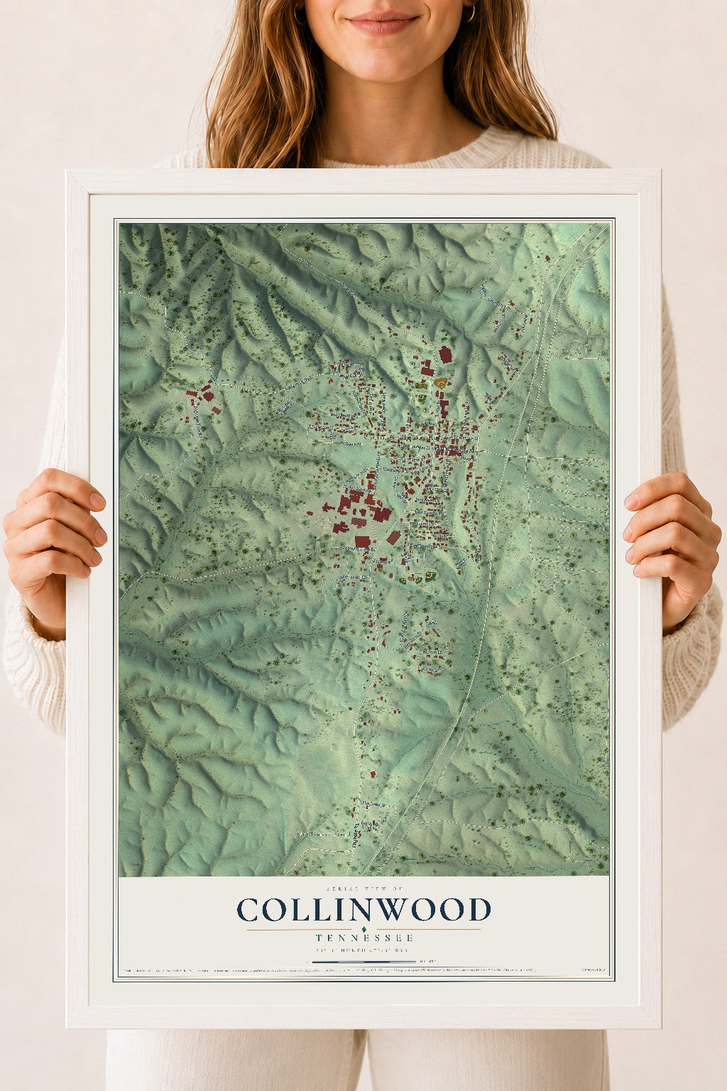 Map of Collinwood, Tennessee, 18 x 24 inch print in a white wood frame