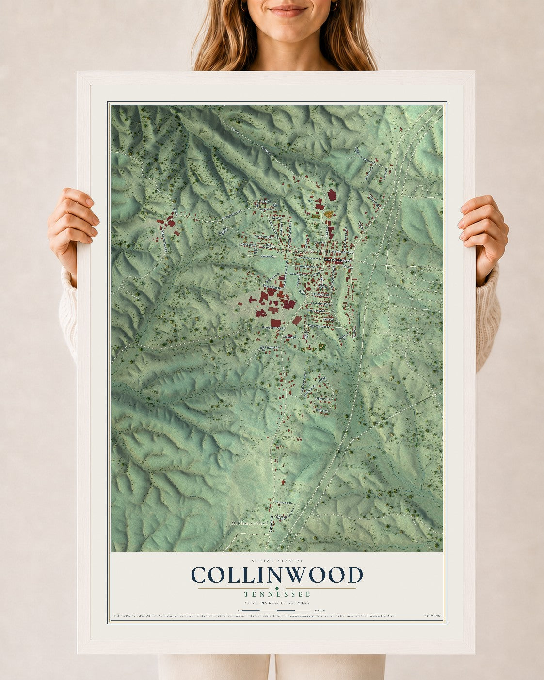 Map of Collinwood, Tennessee, 24 x 36 inch print in a white wood frame
