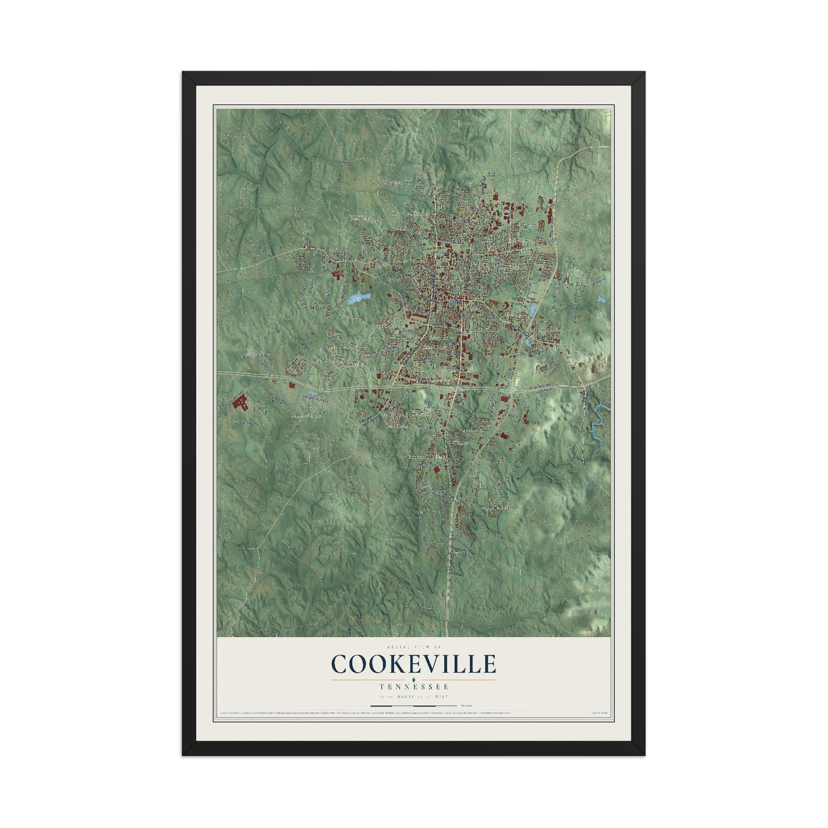Map of Cookeville, Tennessee, 12 x 18 inch print in a black wood frame