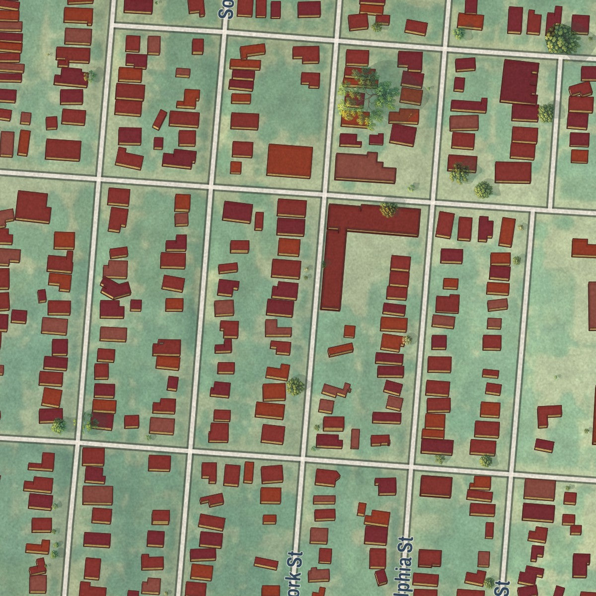 Close-up of the map of Cooper-Young, Tennessee print showing street and building detail