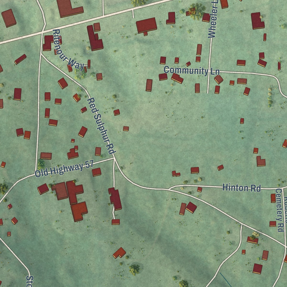 Close-up of the map of Counce, Tennessee print showing street and building detail