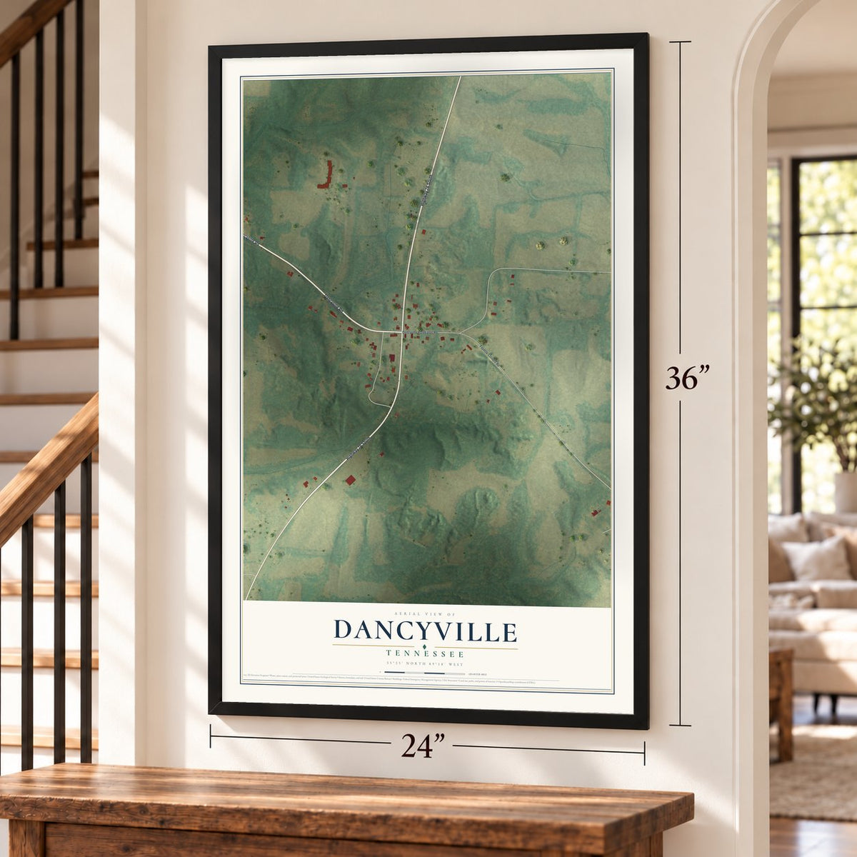 Dancyville, Tennessee map, 24 x 36 inch print in a black frame by a staircase