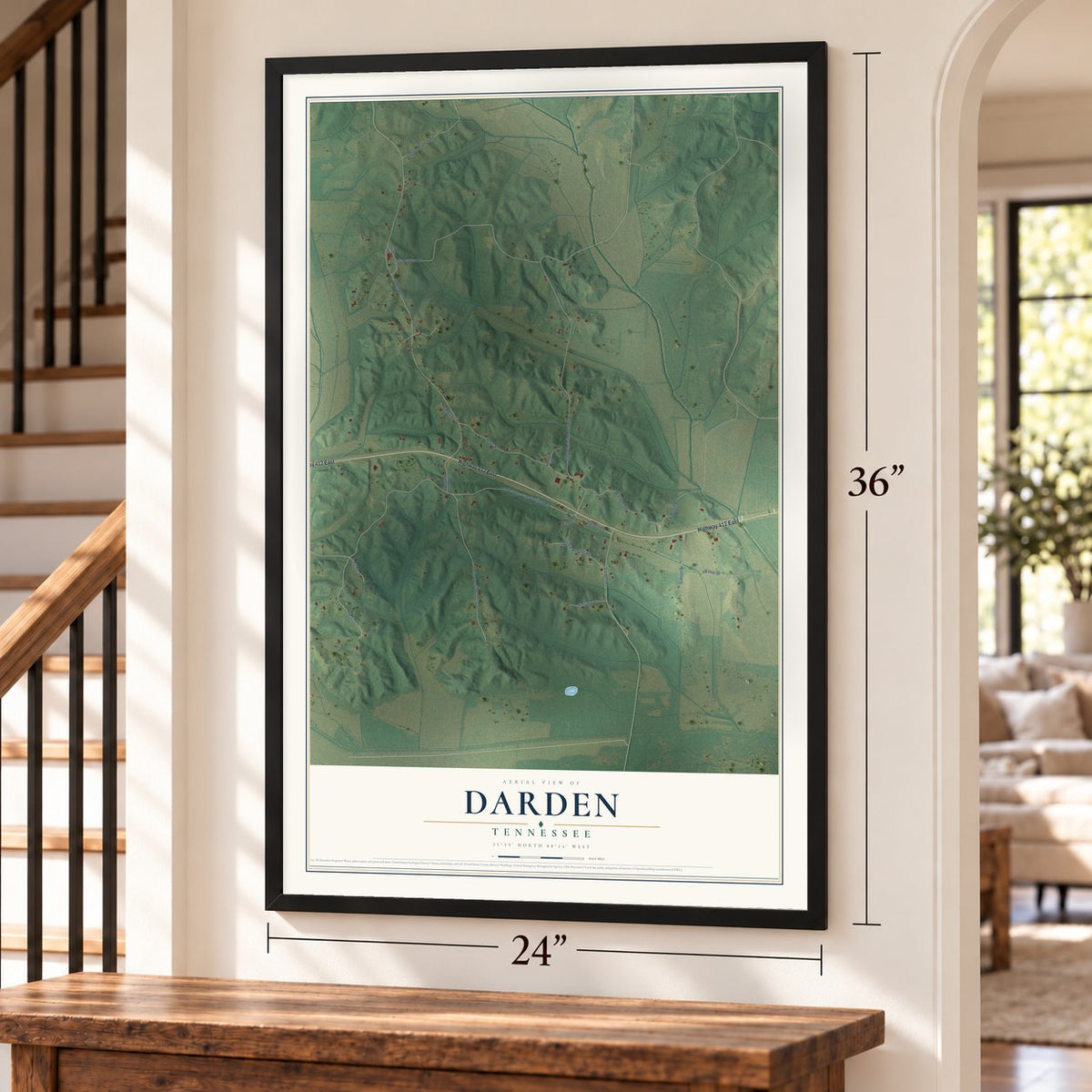 Darden, Tennessee map, 24 x 36 inch print in a black frame by a staircase