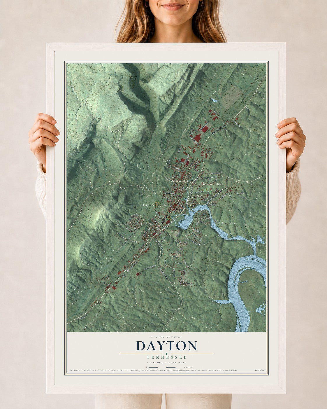Map of Dayton, Tennessee, 24 x 36 inch print in a white wood frame