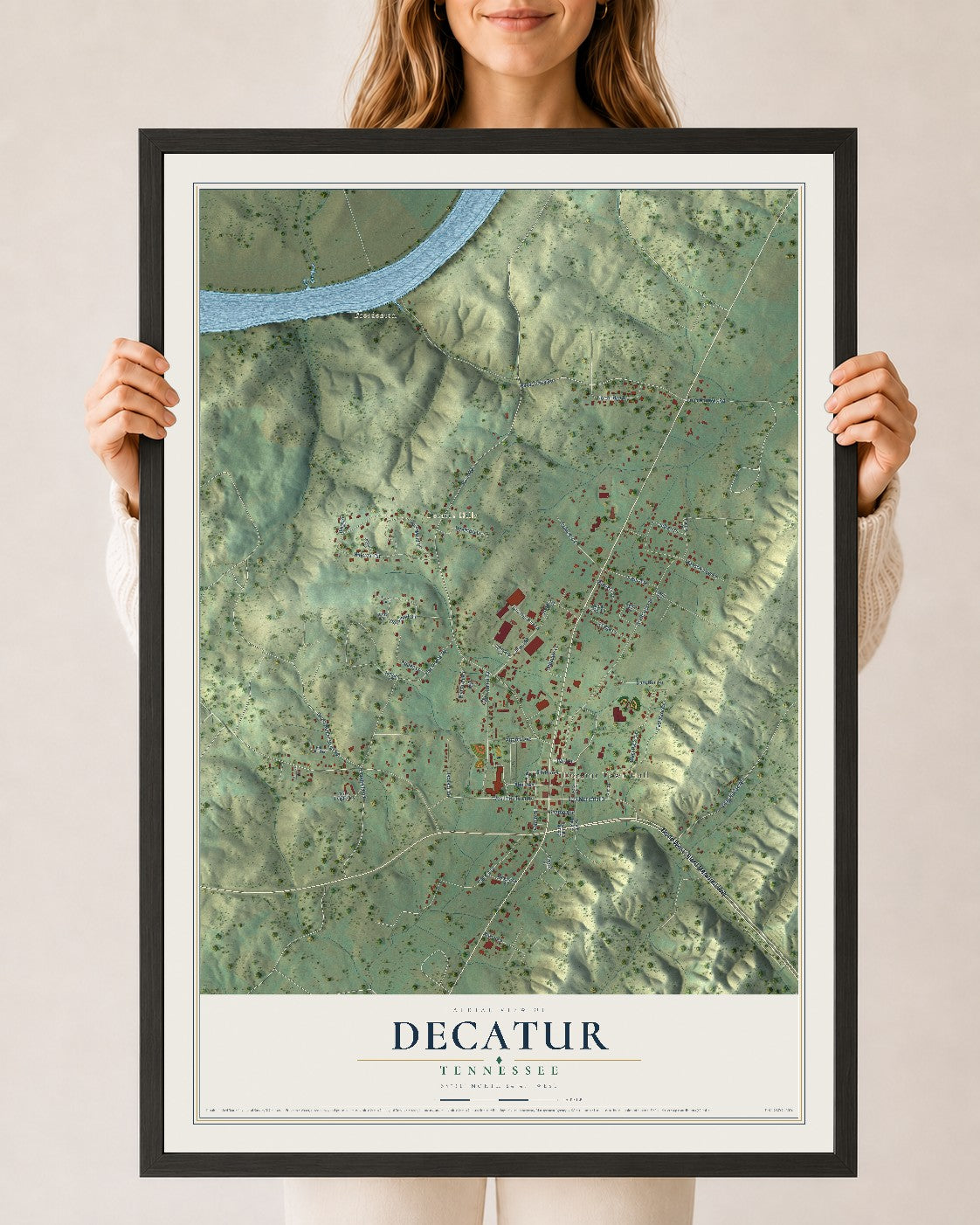 Map of Decatur, Tennessee, 24 x 36 inch print in a black wood frame