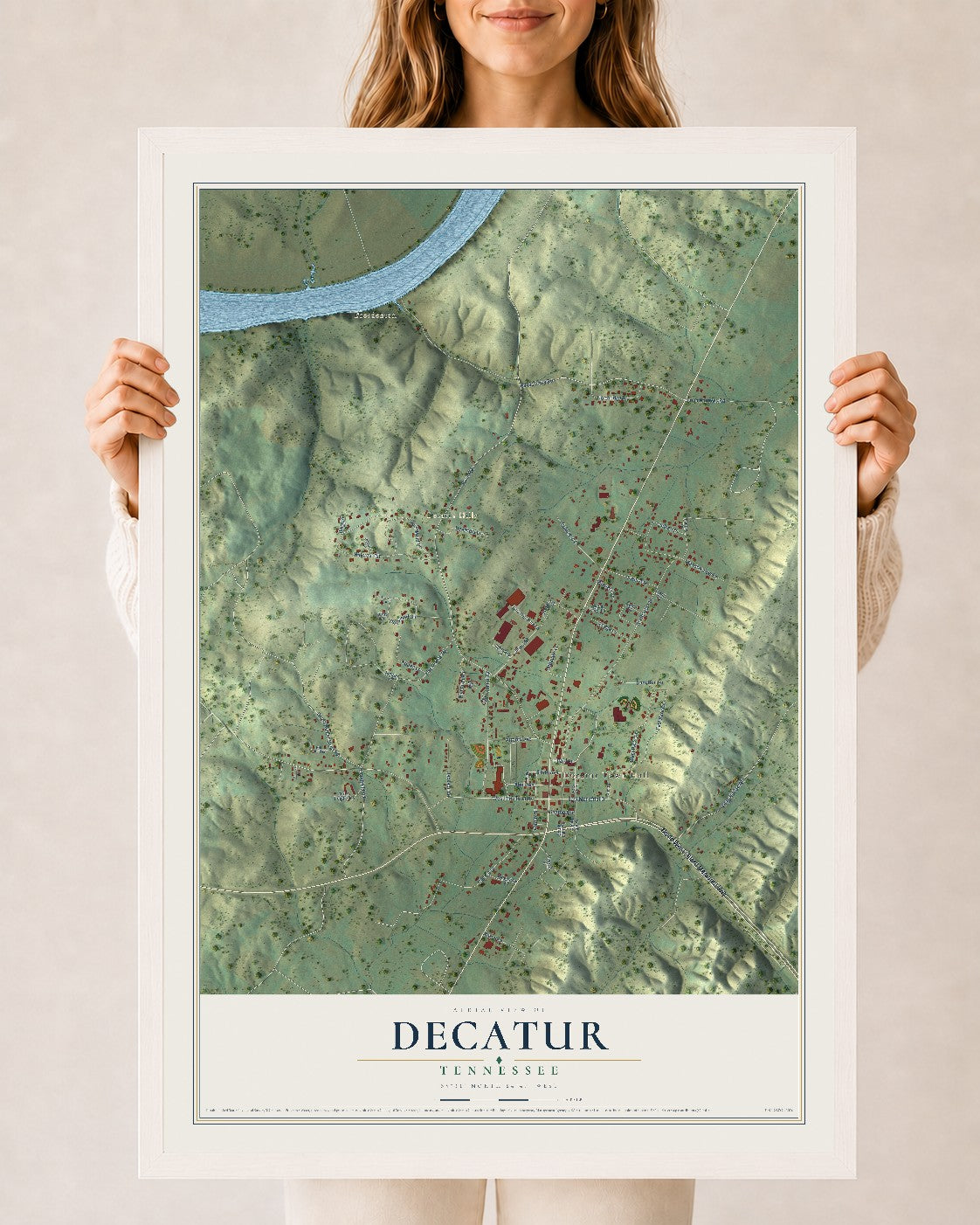 Map of Decatur, Tennessee, 24 x 36 inch print in a white wood frame