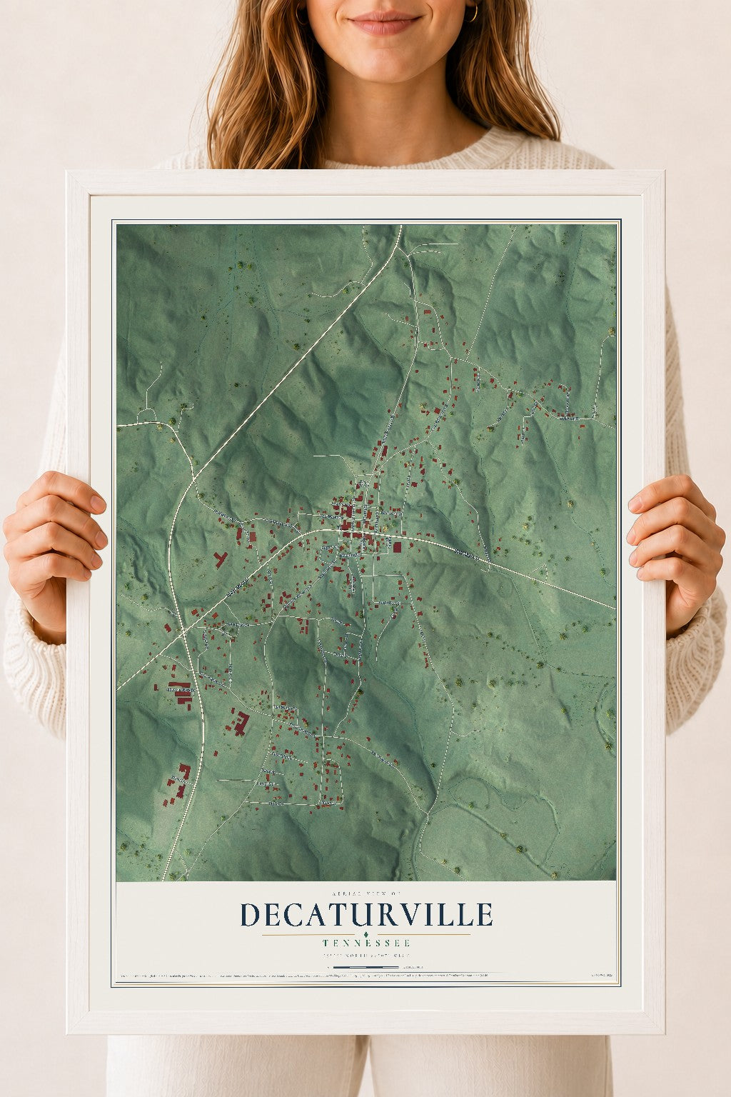 Map of Decaturville, Tennessee, 18 x 24 inch print in a white wood frame