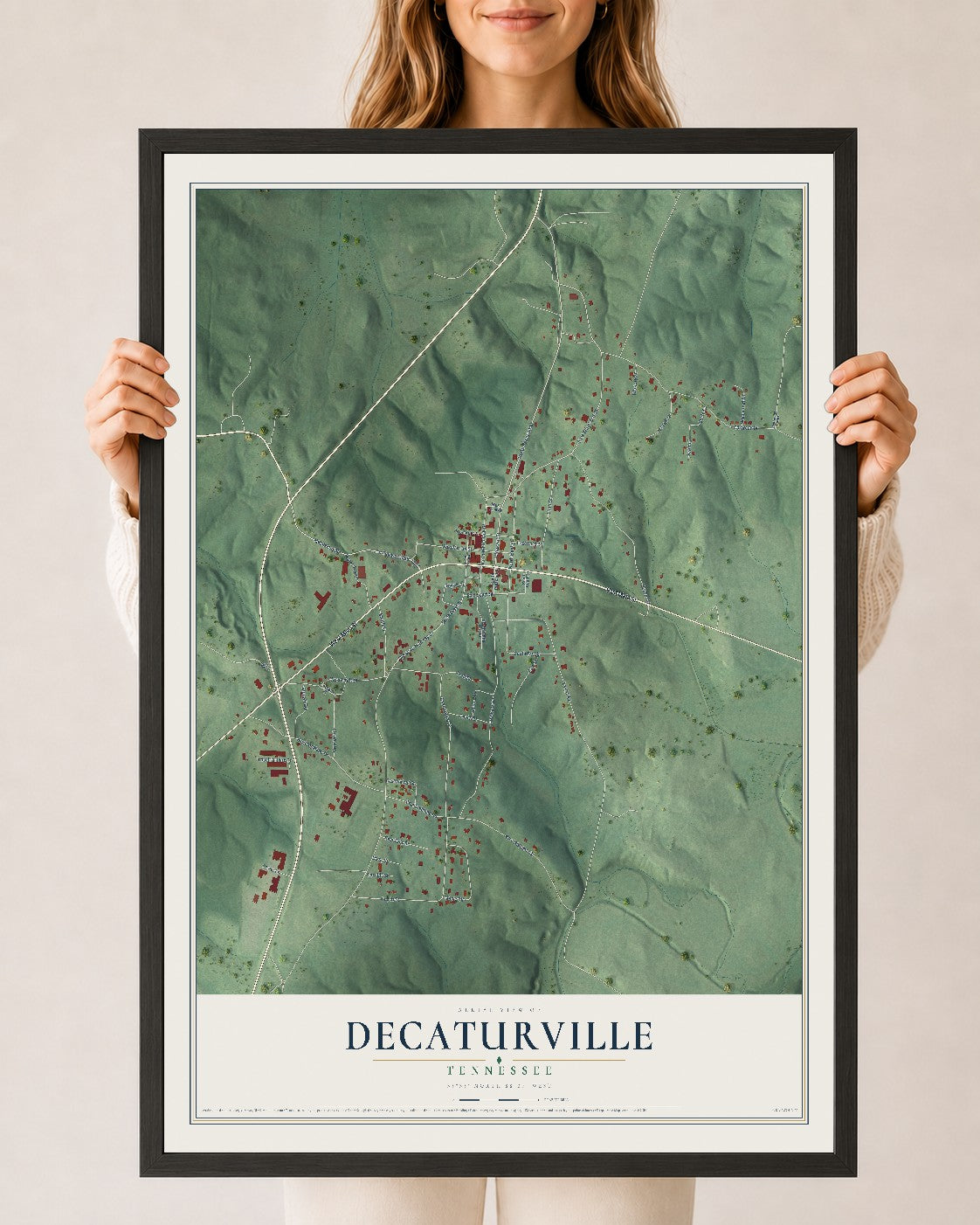 Map of Decaturville, Tennessee, 24 x 36 inch print in a black wood frame