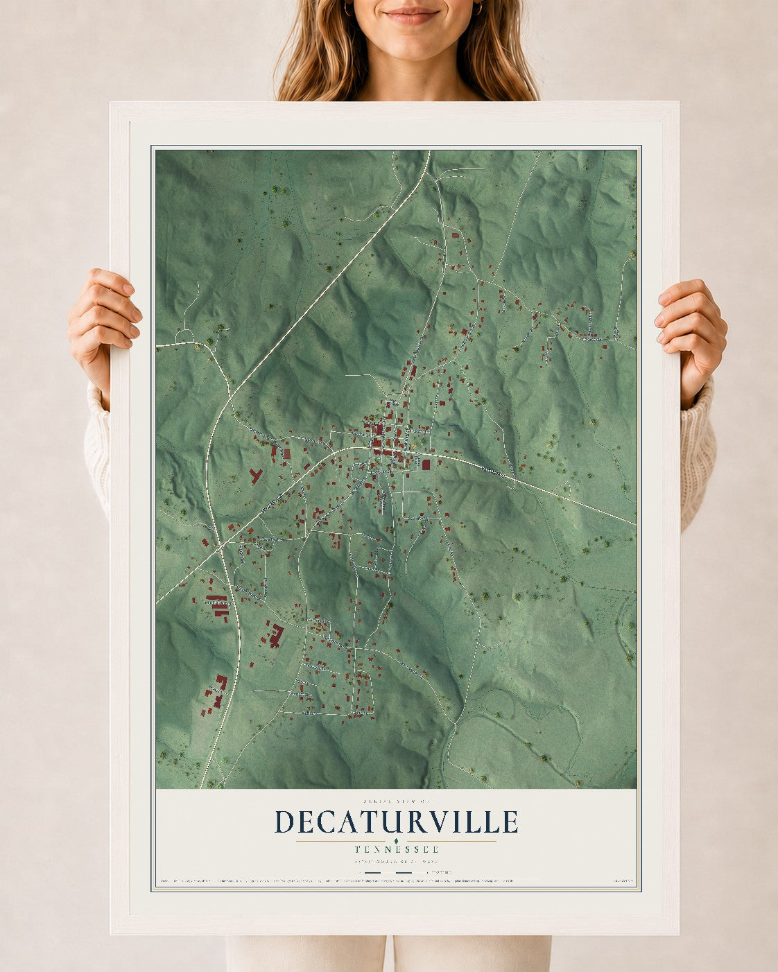 Map of Decaturville, Tennessee, 24 x 36 inch print in a white wood frame