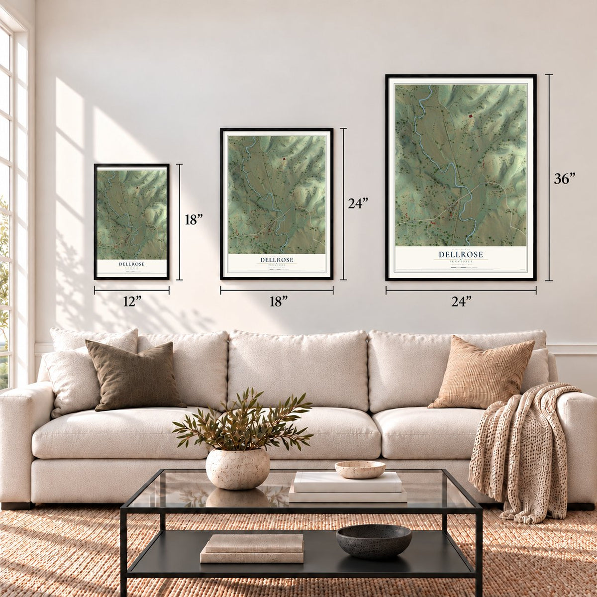 Dellrose, Tennessee map in 12 x 18, 18 x 24 and 24 x 36 inch sizes above a sofa