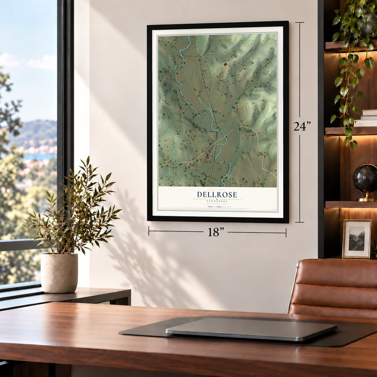 Dellrose, Tennessee map, 18 x 24 inch print in a black frame in a home office