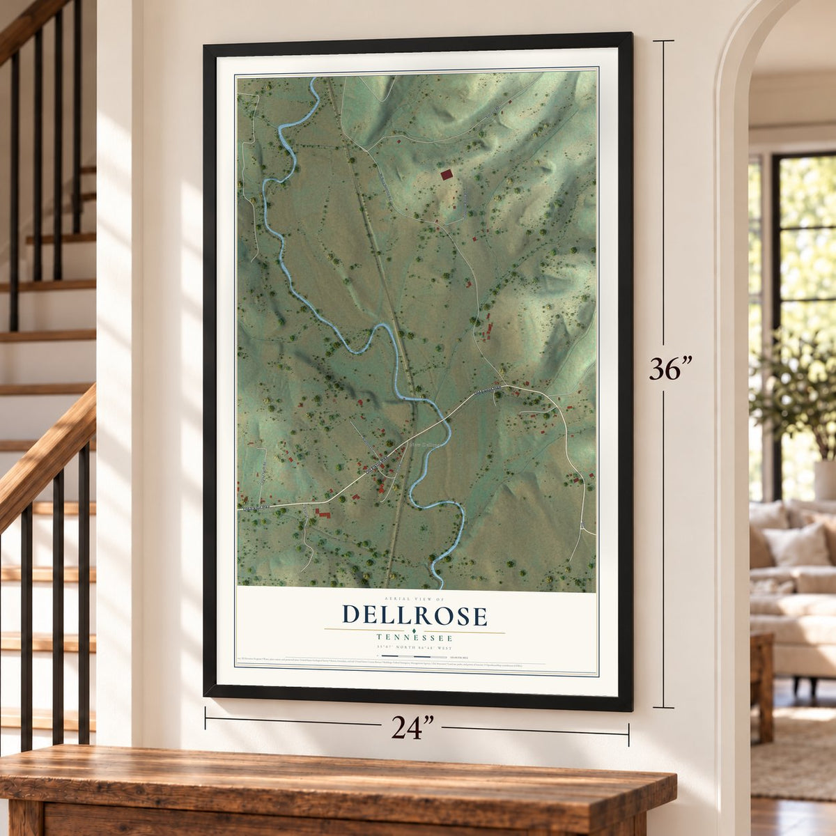 Dellrose, Tennessee map, 24 x 36 inch print in a black frame by a staircase