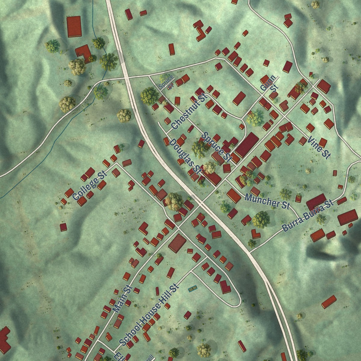 Close-up of the map of Ducktown, Tennessee print showing street and building detail