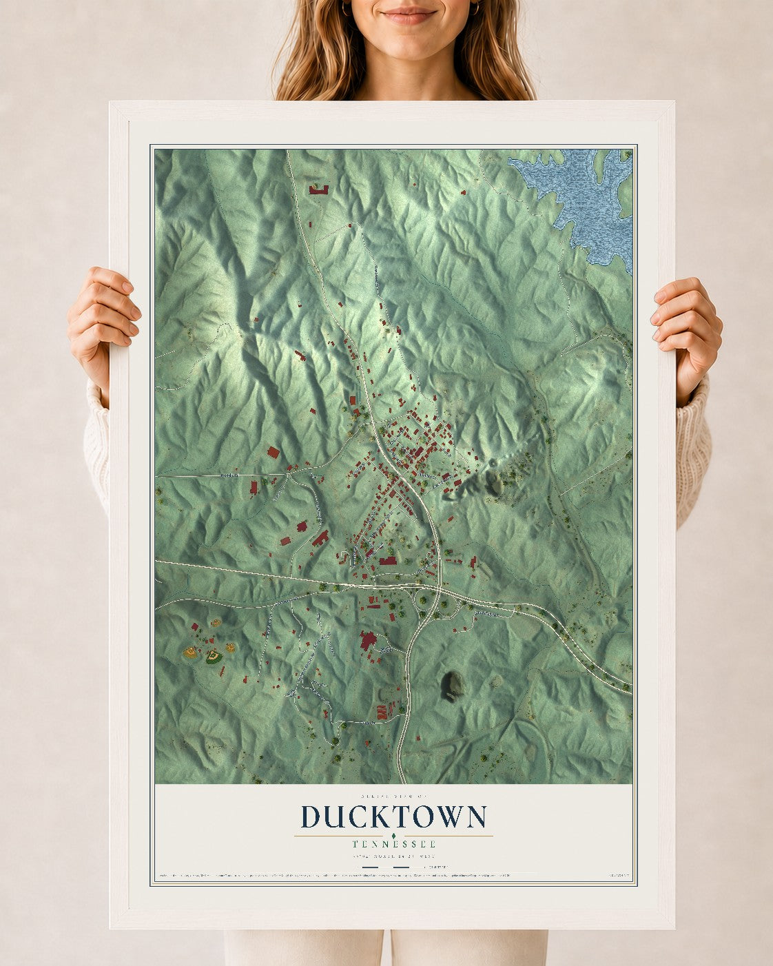Map of Ducktown, Tennessee, 24 x 36 inch print in a white wood frame