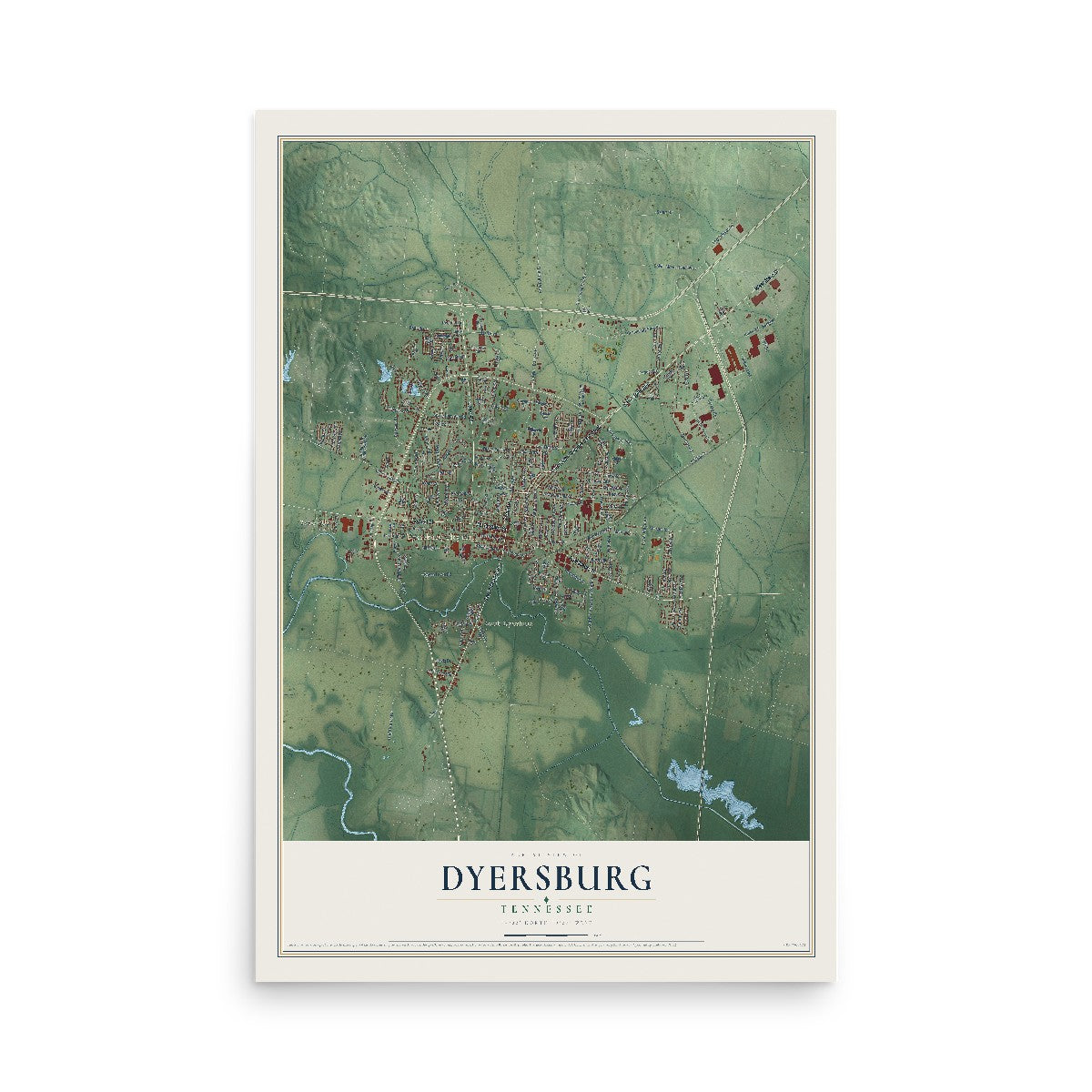 Map of Dyersburg, Tennessee, 12 x 18 inch unframed archival matte print
