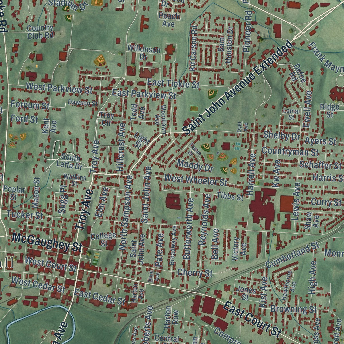 Close-up of the map of Dyersburg, Tennessee print showing street and building detail