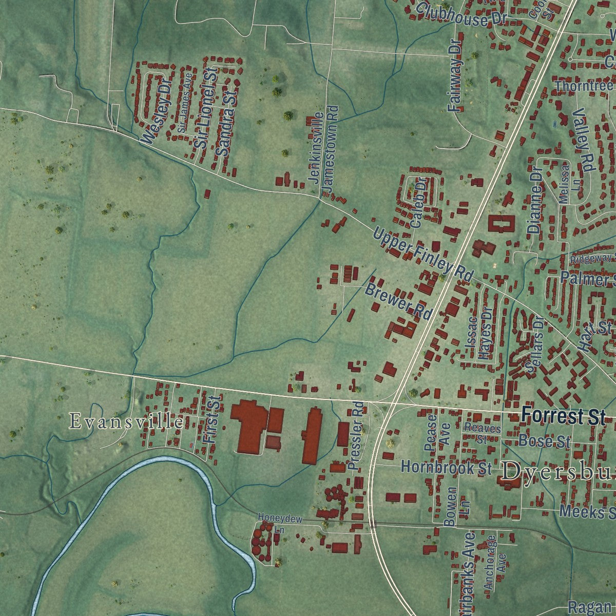 Second close-up of the map of Dyersburg, Tennessee print showing more streets and buildings