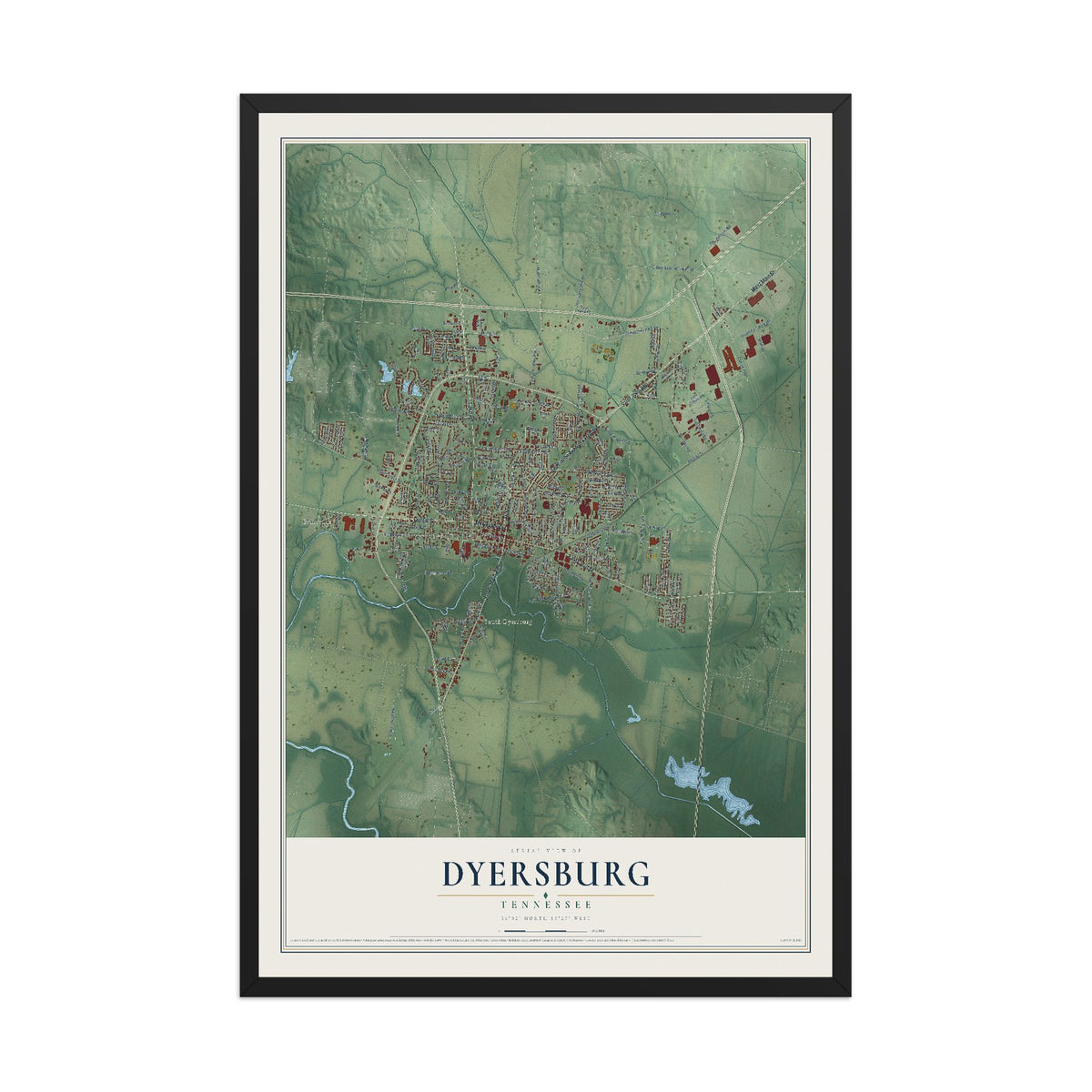 Map of Dyersburg, Tennessee, 12 x 18 inch print in a black wood frame