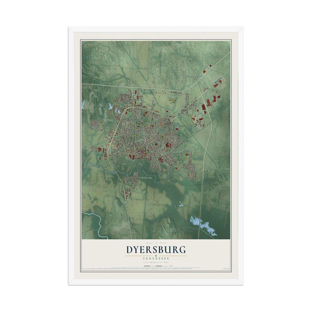 Map of Dyersburg, Tennessee, 12 x 18 inch print in a white wood frame