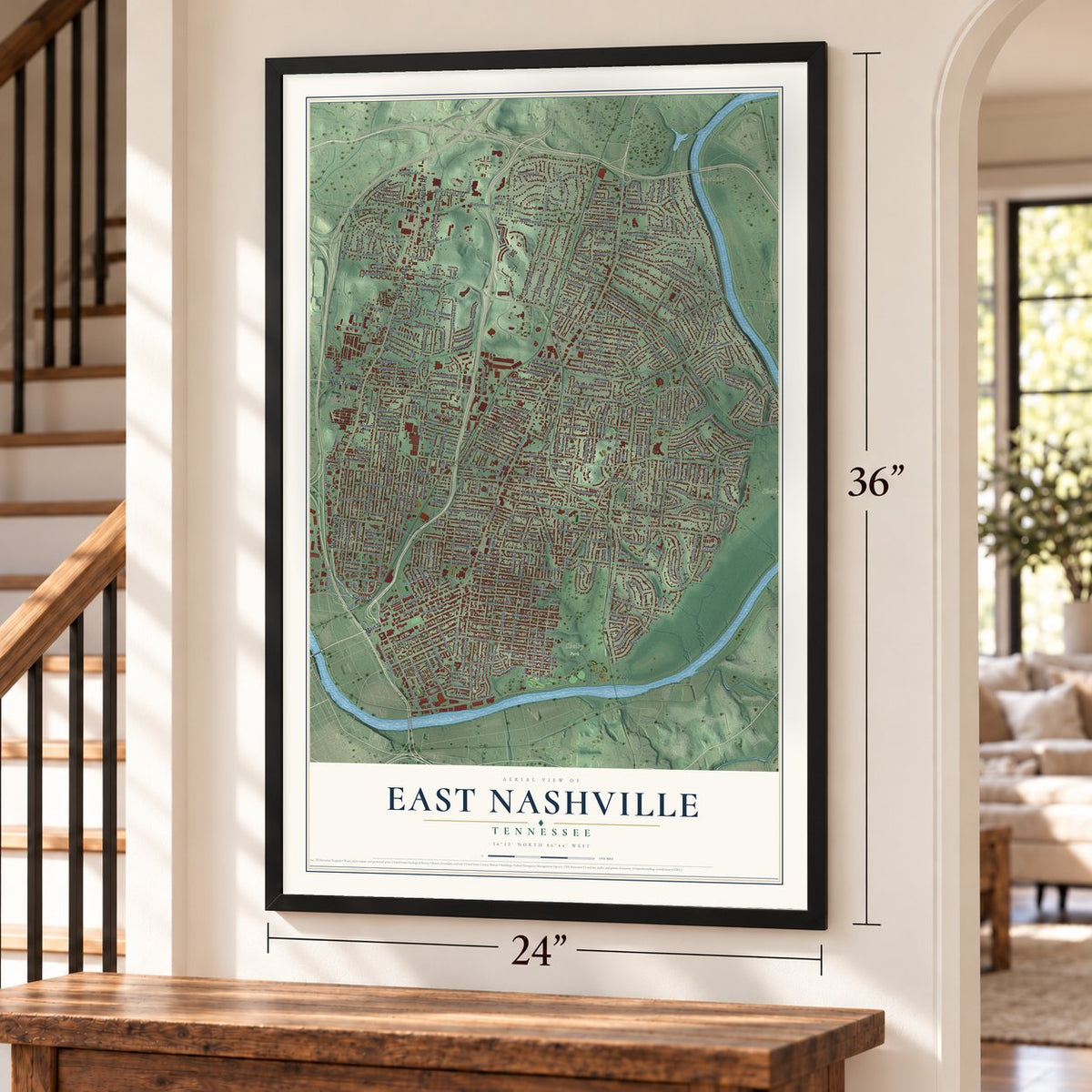 East Nashville, Tennessee map, 24 x 36 inch print in a black frame by a staircase
