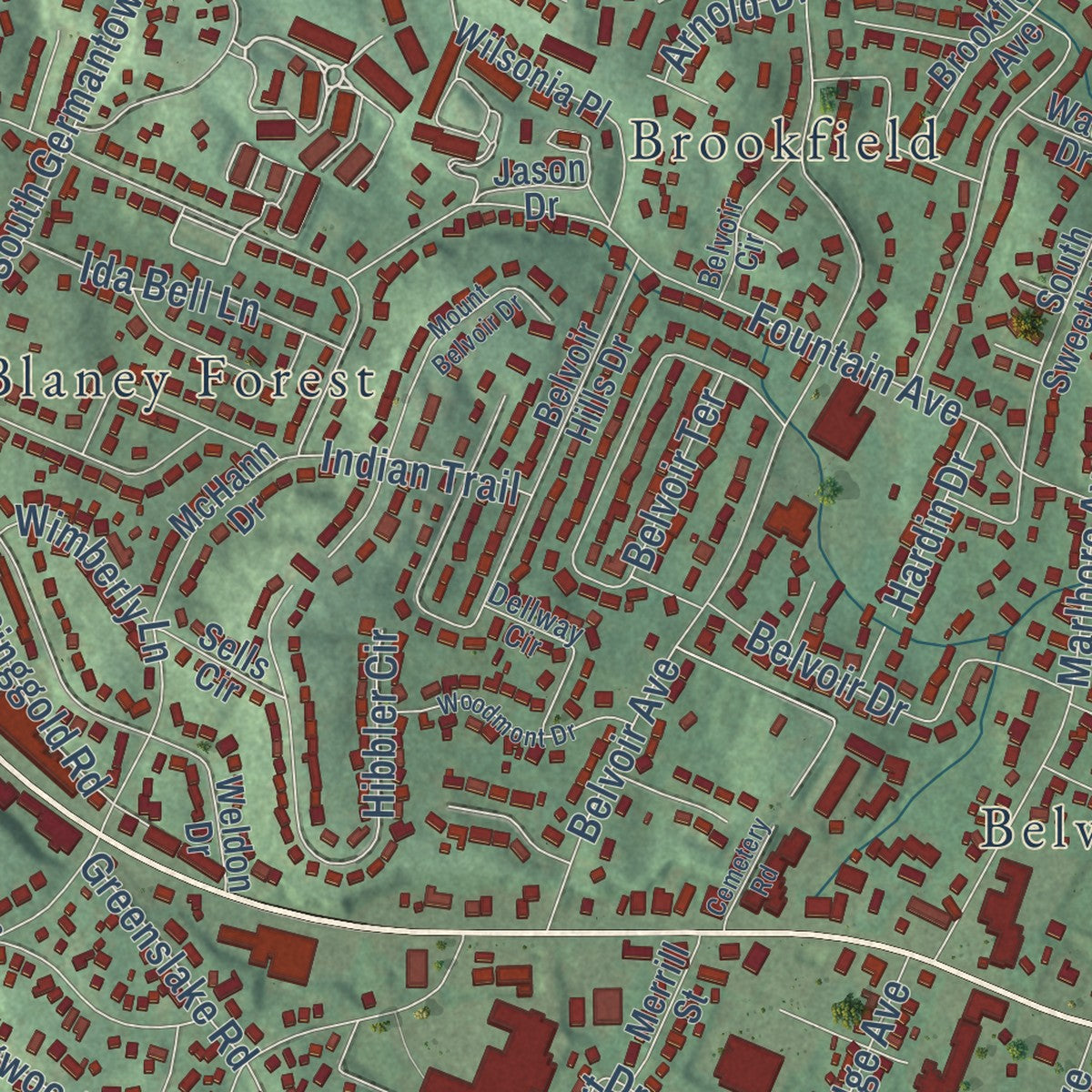 Close-up of the map of East Ridge, Tennessee print showing street and building detail