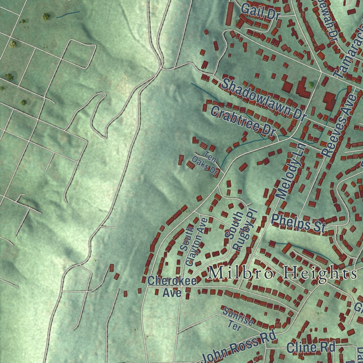 Second close-up of the map of East Ridge, Tennessee print showing more streets and buildings