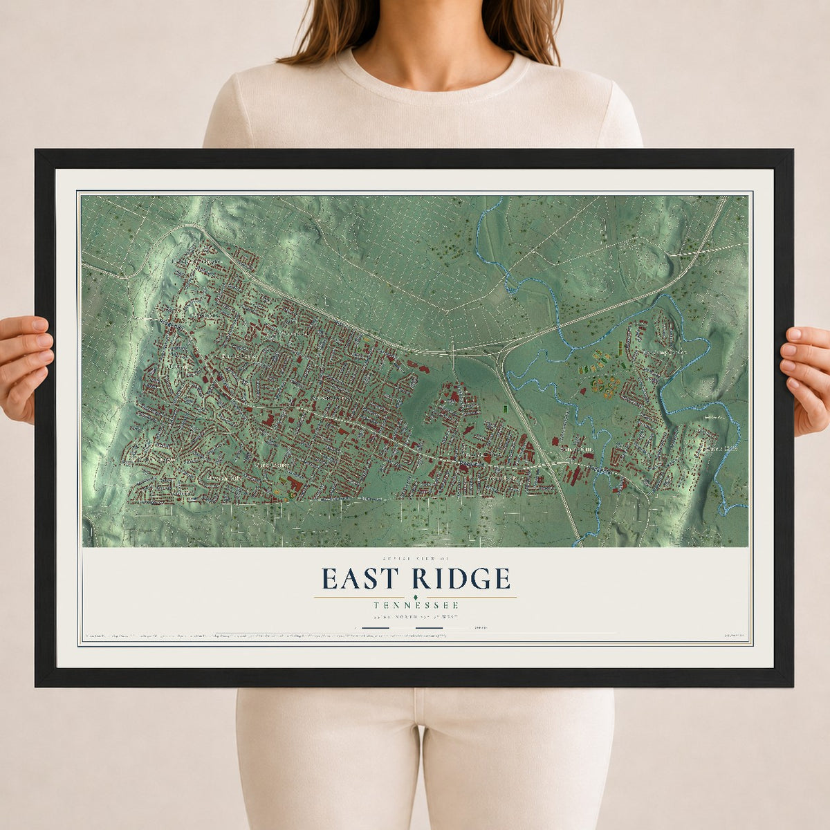Map of East Ridge, Tennessee, 18 x 24 inch print in a black wood frame