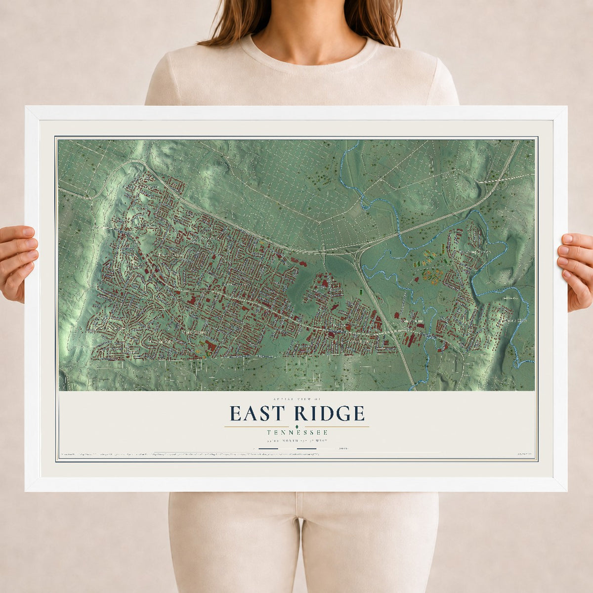 Map of East Ridge, Tennessee, 18 x 24 inch print in a white wood frame
