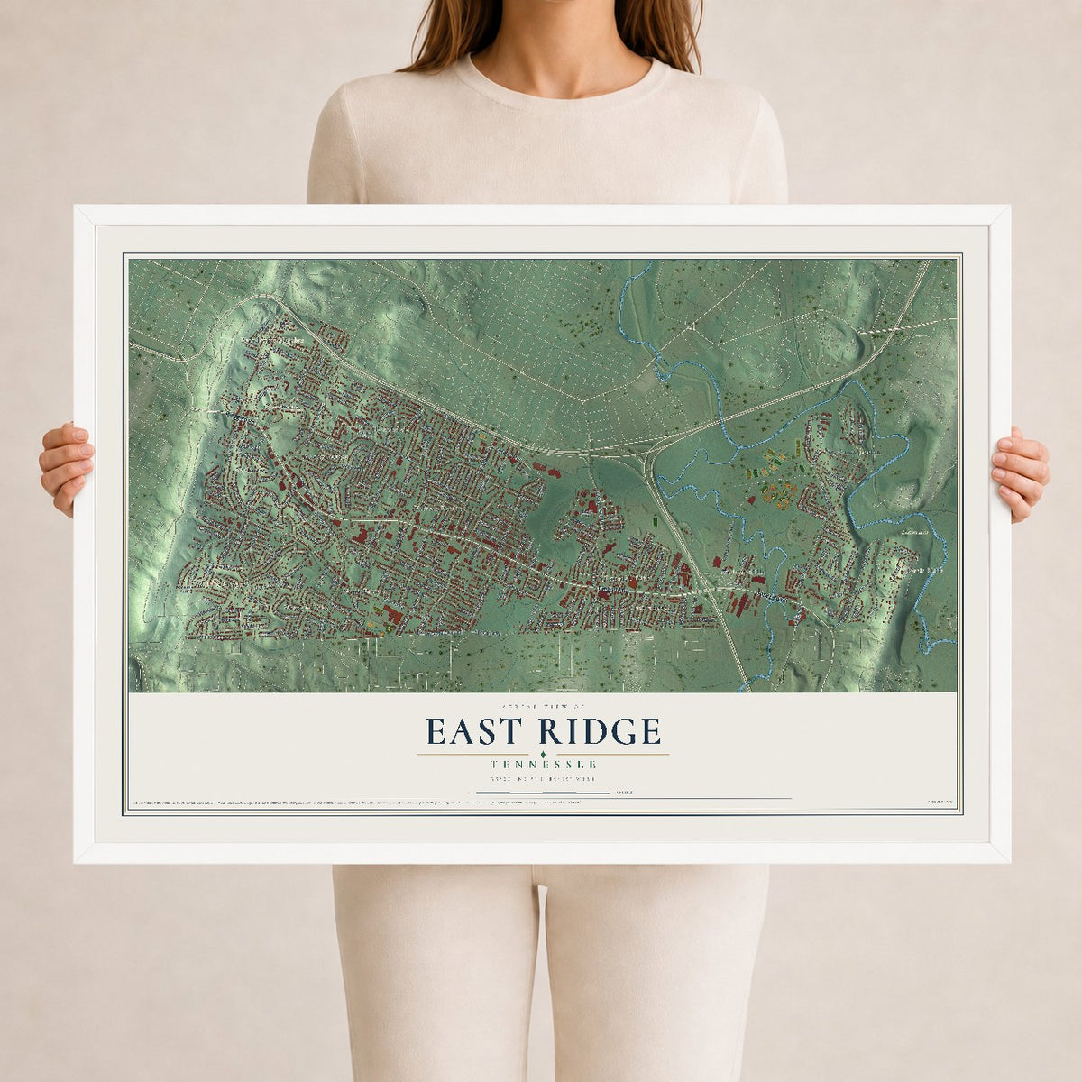 Map of East Ridge, Tennessee, 24 x 36 inch print in a white wood frame