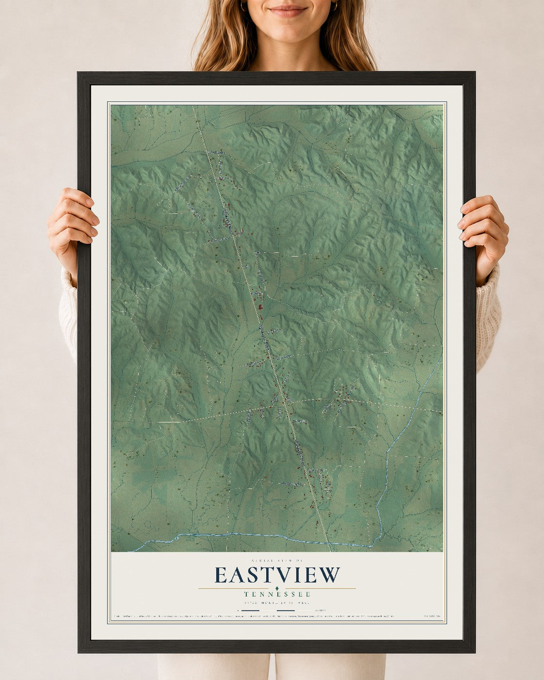 Map of Eastview, Tennessee, 24 x 36 inch print in a black wood frame