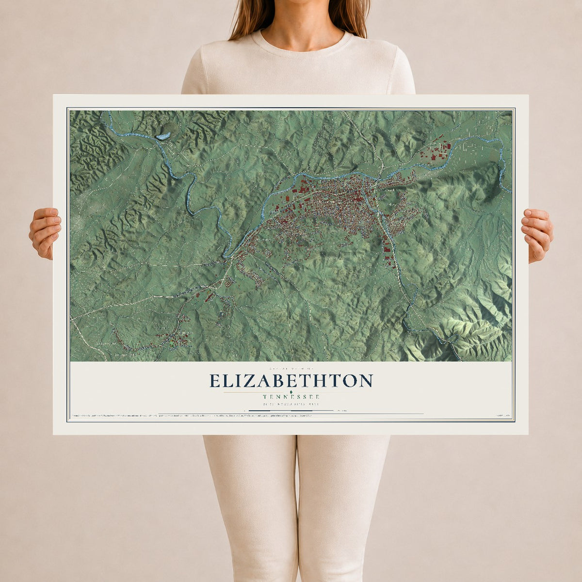 Map of Elizabethton, Tennessee, 24 x 36 inch unframed archival matte print