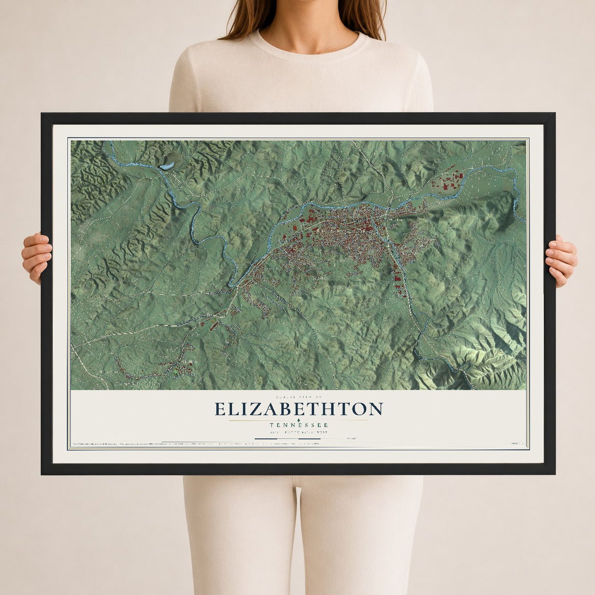 Map of Elizabethton, Tennessee, 24 x 36 inch print in a black wood frame