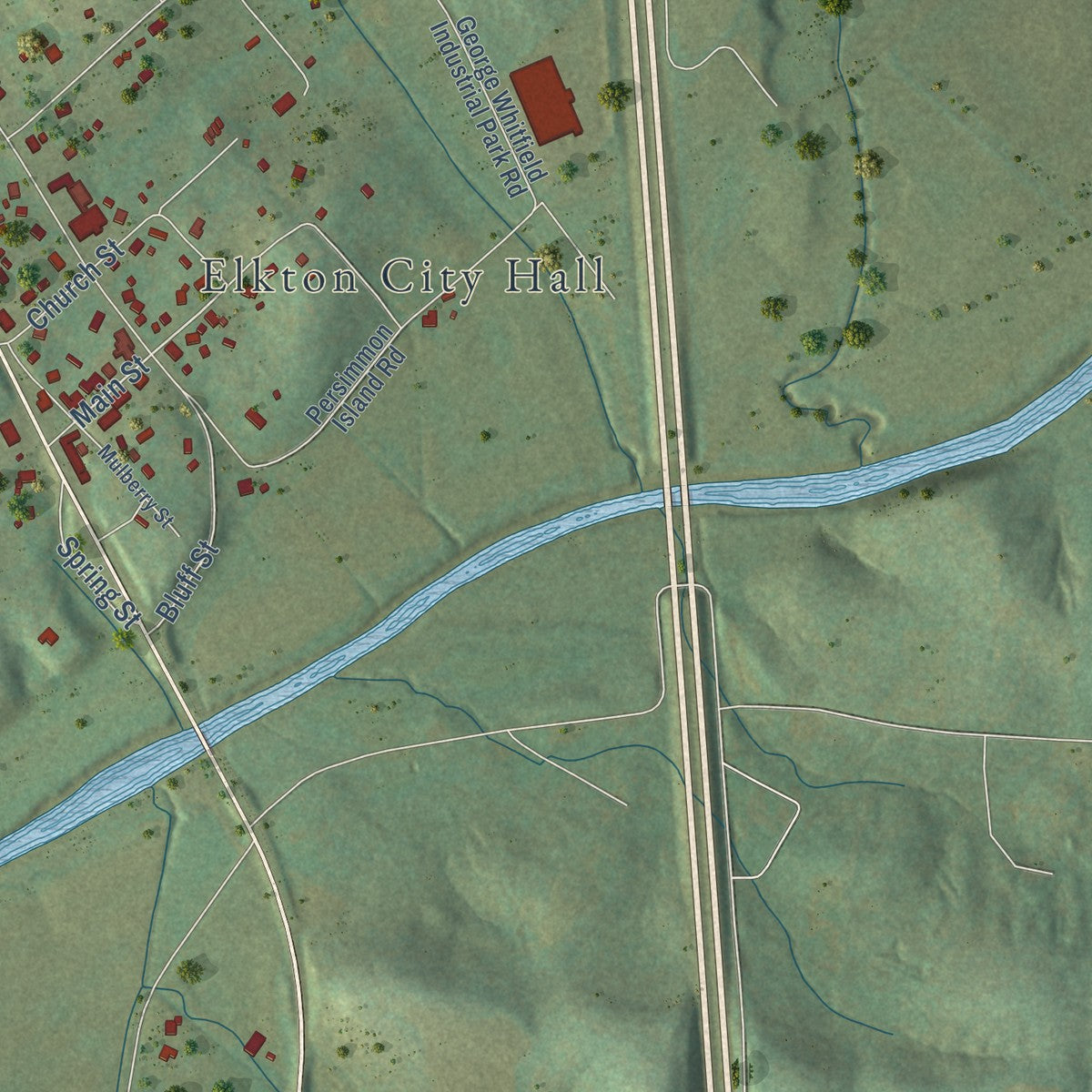 Close-up of the map of Elkton, Tennessee print showing street and building detail