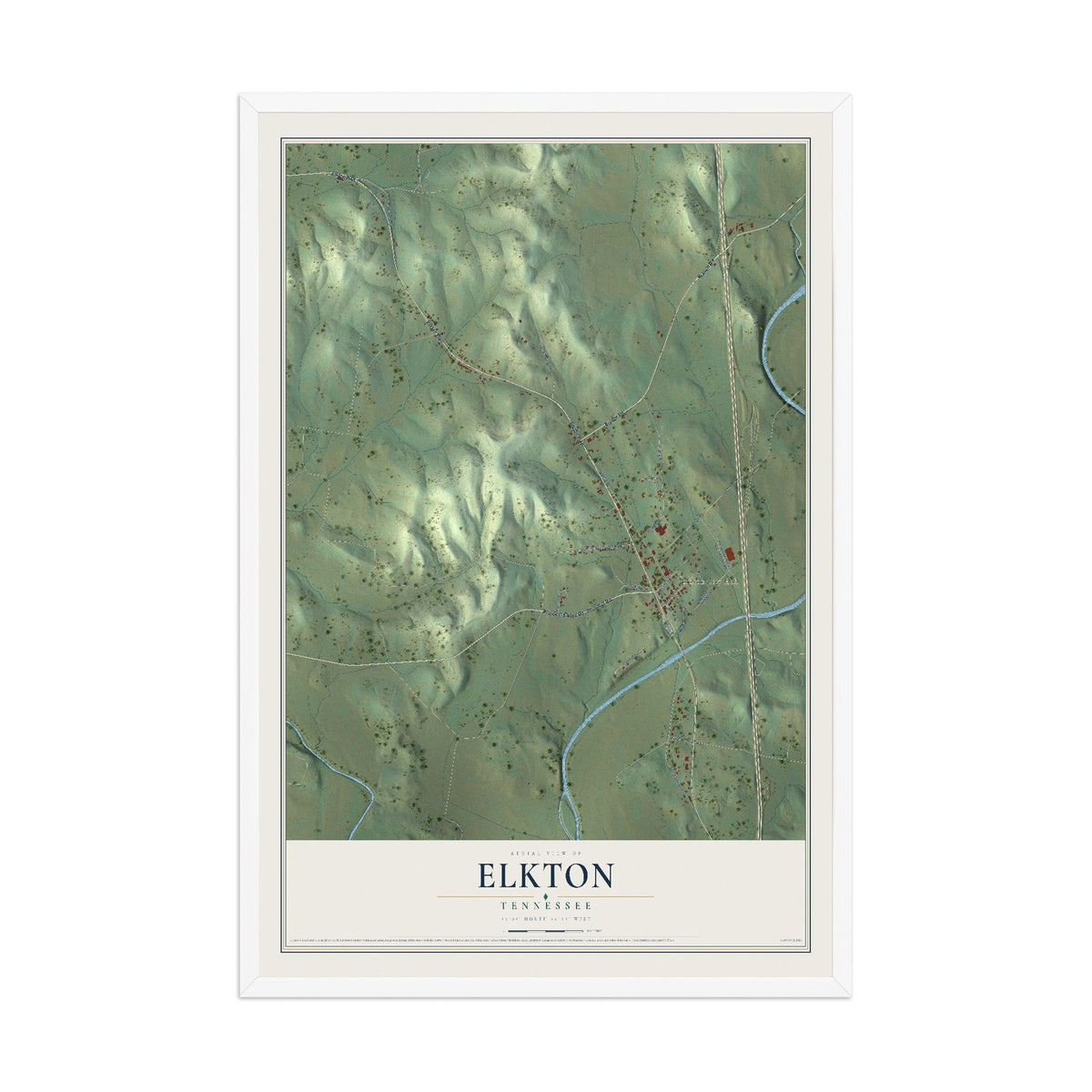 Map of Elkton, Tennessee, 12 x 18 inch print in a white wood frame