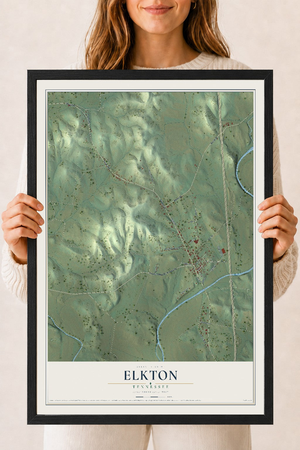 Map of Elkton, Tennessee, 18 x 24 inch print in a black wood frame