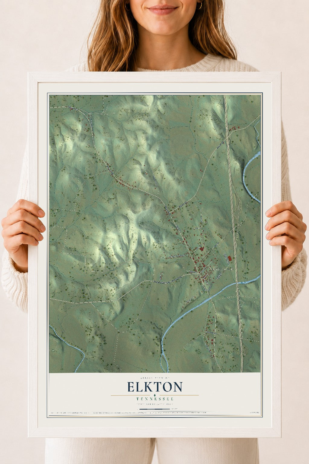 Map of Elkton, Tennessee, 18 x 24 inch print in a white wood frame