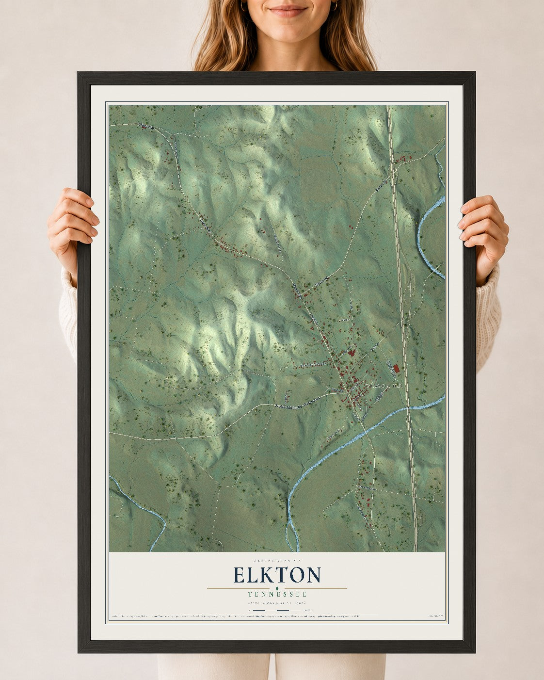 Map of Elkton, Tennessee, 24 x 36 inch print in a black wood frame