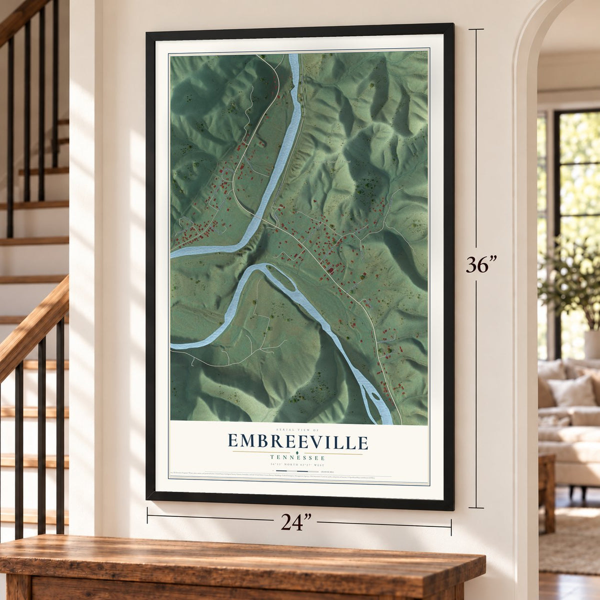 Embreeville, Tennessee map, 24 x 36 inch print in a black frame by a staircase