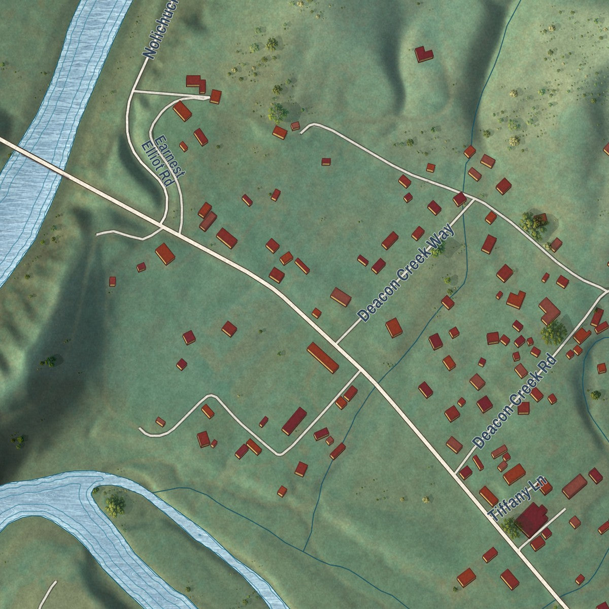 Close-up of the map of Embreeville, Tennessee print showing street and building detail