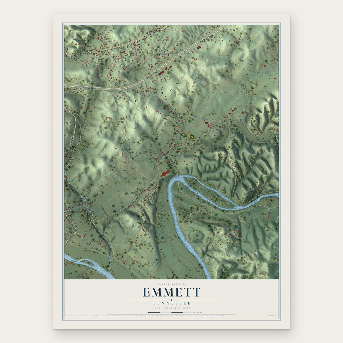 Emmett, Tennessee map print, the full design