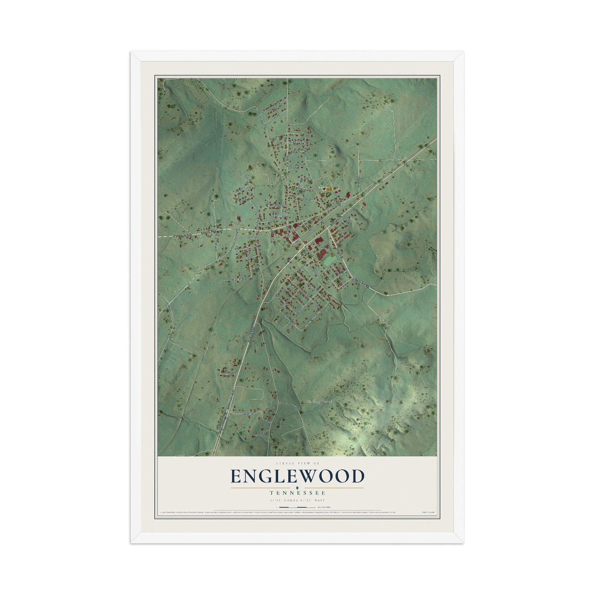 Map of Englewood, Tennessee, 12 x 18 inch print in a white wood frame