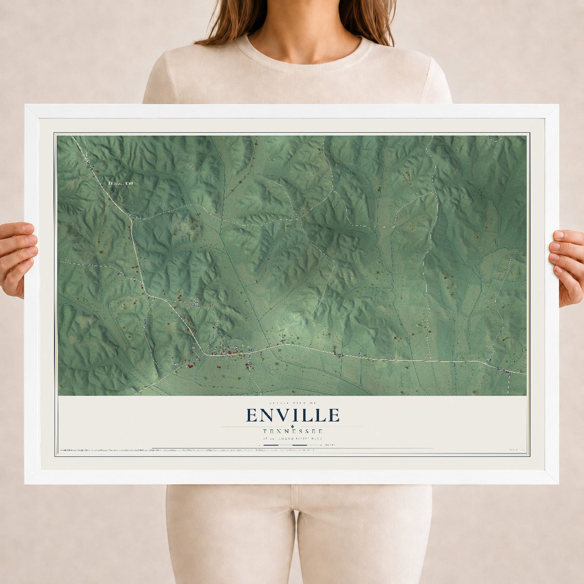 Map of Enville, Tennessee, 18 x 24 inch print in a white wood frame