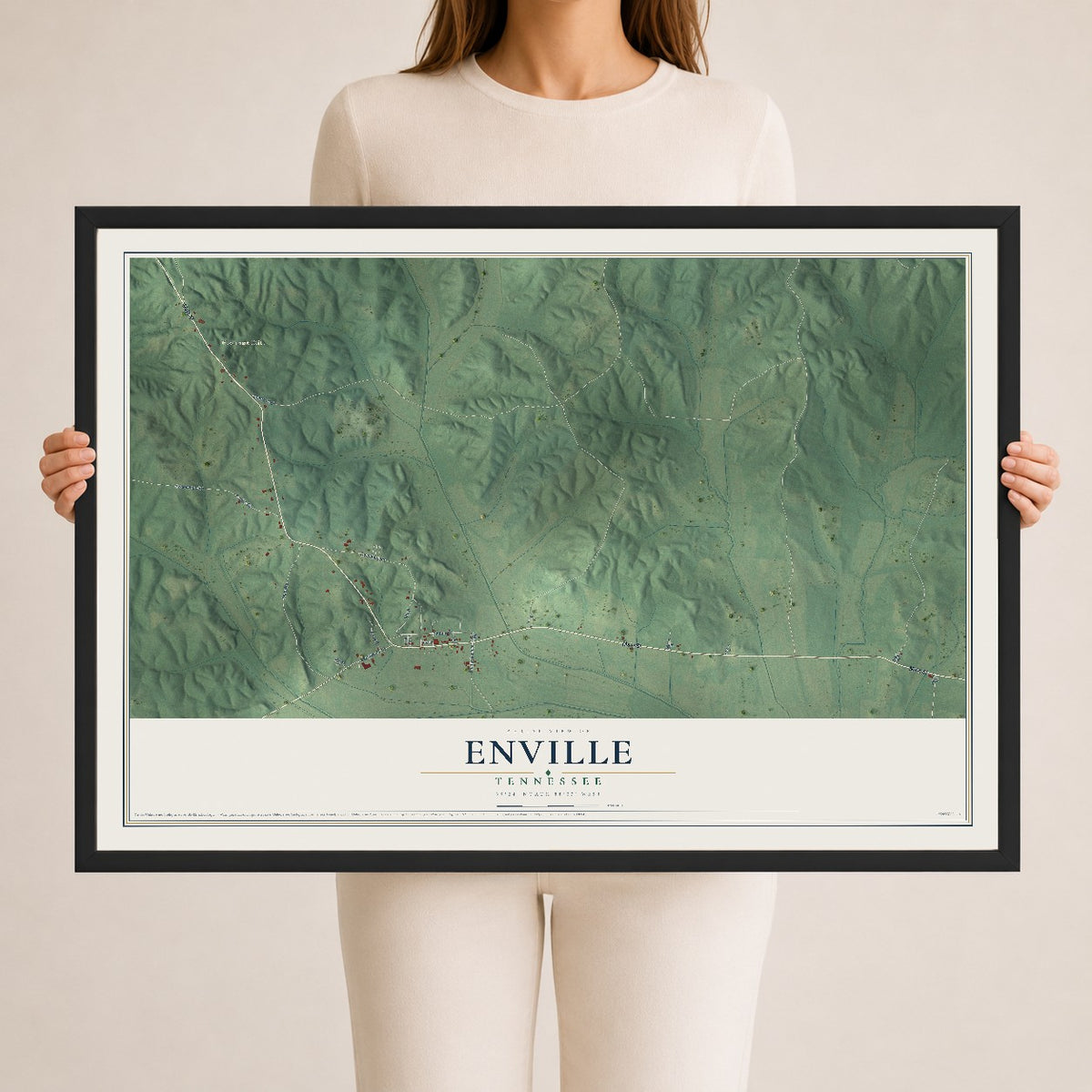 Map of Enville, Tennessee, 24 x 36 inch print in a black wood frame