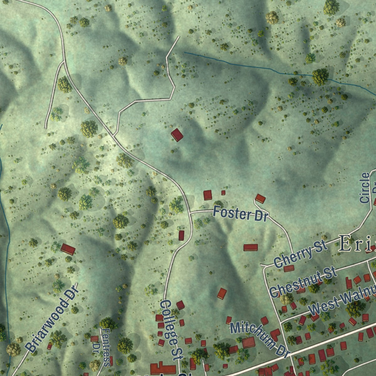 Second close-up of the map of Erin, Tennessee print showing more streets and buildings