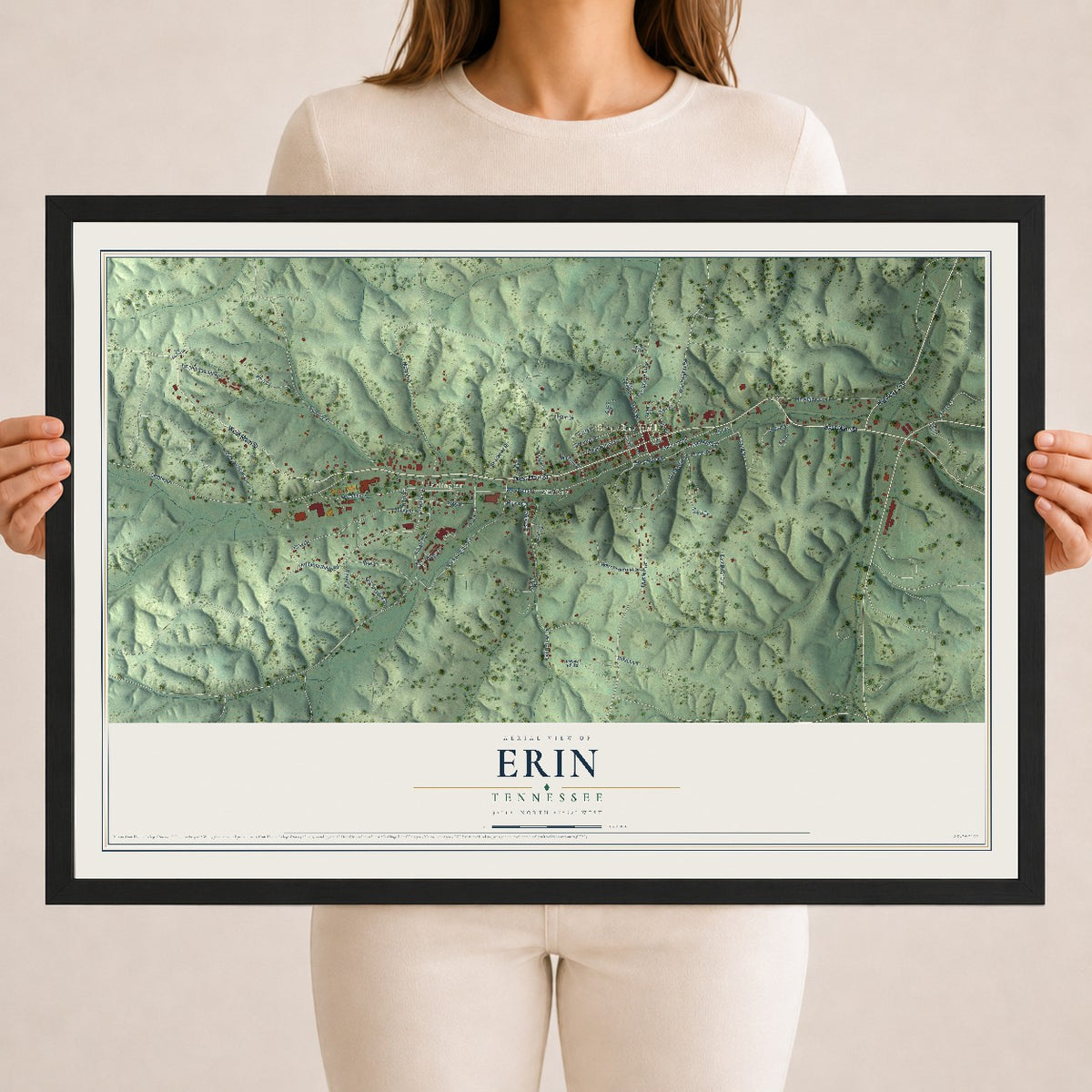 Map of Erin, Tennessee, 18 x 24 inch print in a black wood frame
