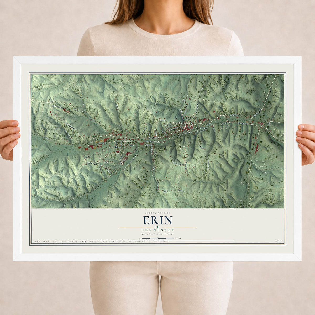 Map of Erin, Tennessee, 18 x 24 inch print in a white wood frame